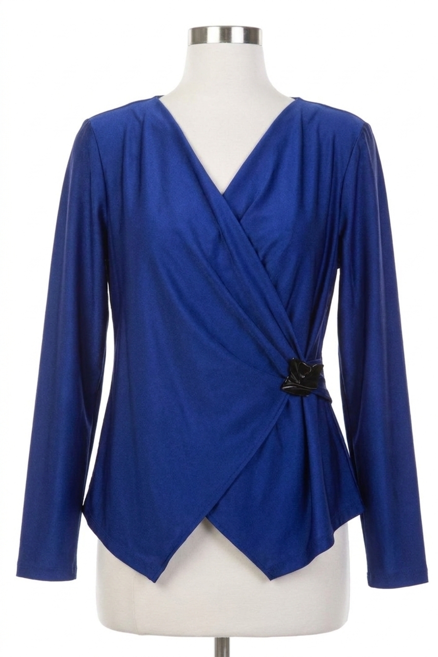 NEW JOSEPH RIBKOFF faux wrap fitted satin top in royal sapphire